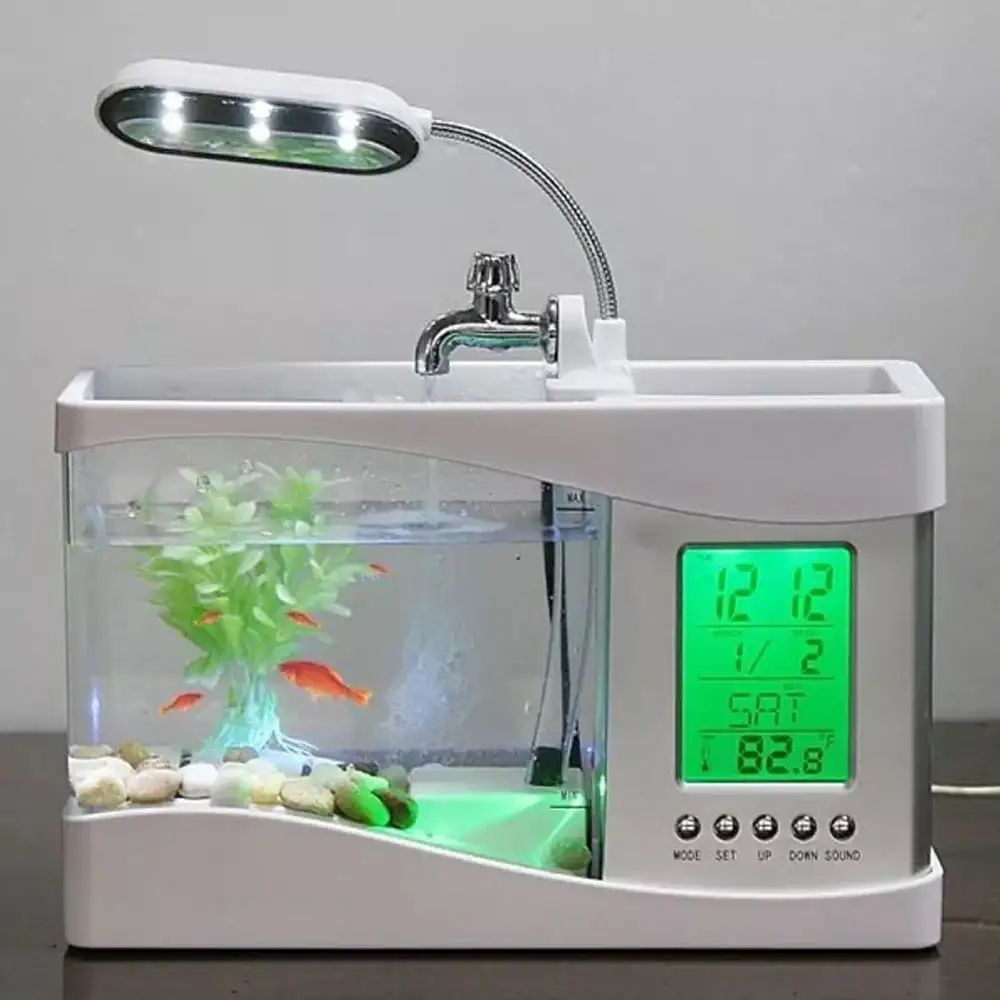 Aquarium Rechargeable Mini Fish Tank Multifunctional USB Desktop Electronic Aquarium with Clock Function LED Light Pen Holder White 