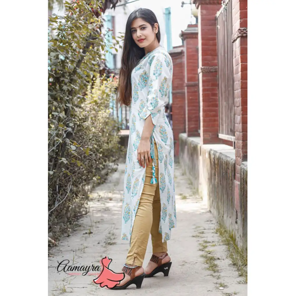 White Printed Long Kurti With Side Lace Design Worn & plazo Set For ...