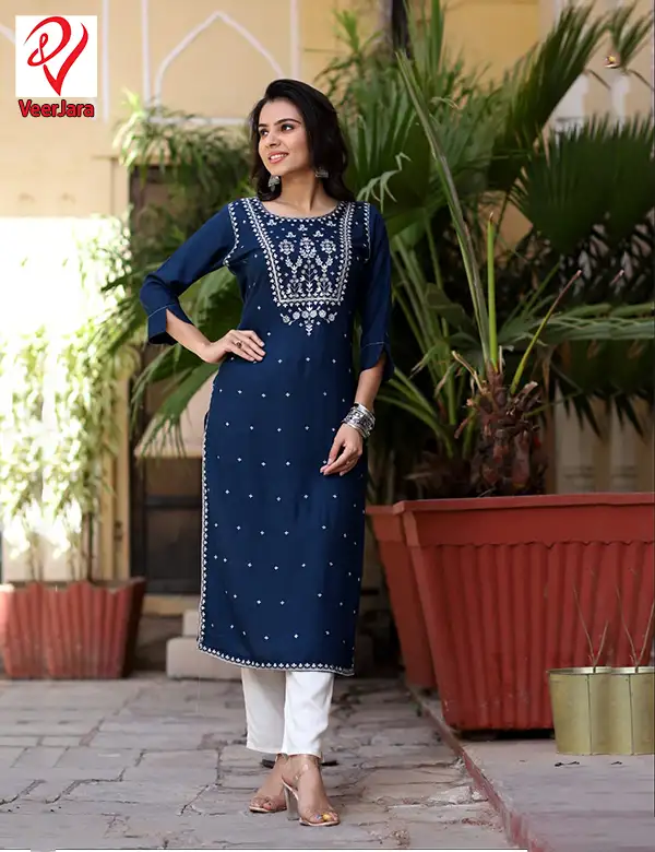 Buy Navy Blue Floral Printed Round Neck Kurta Online - W for Woman
